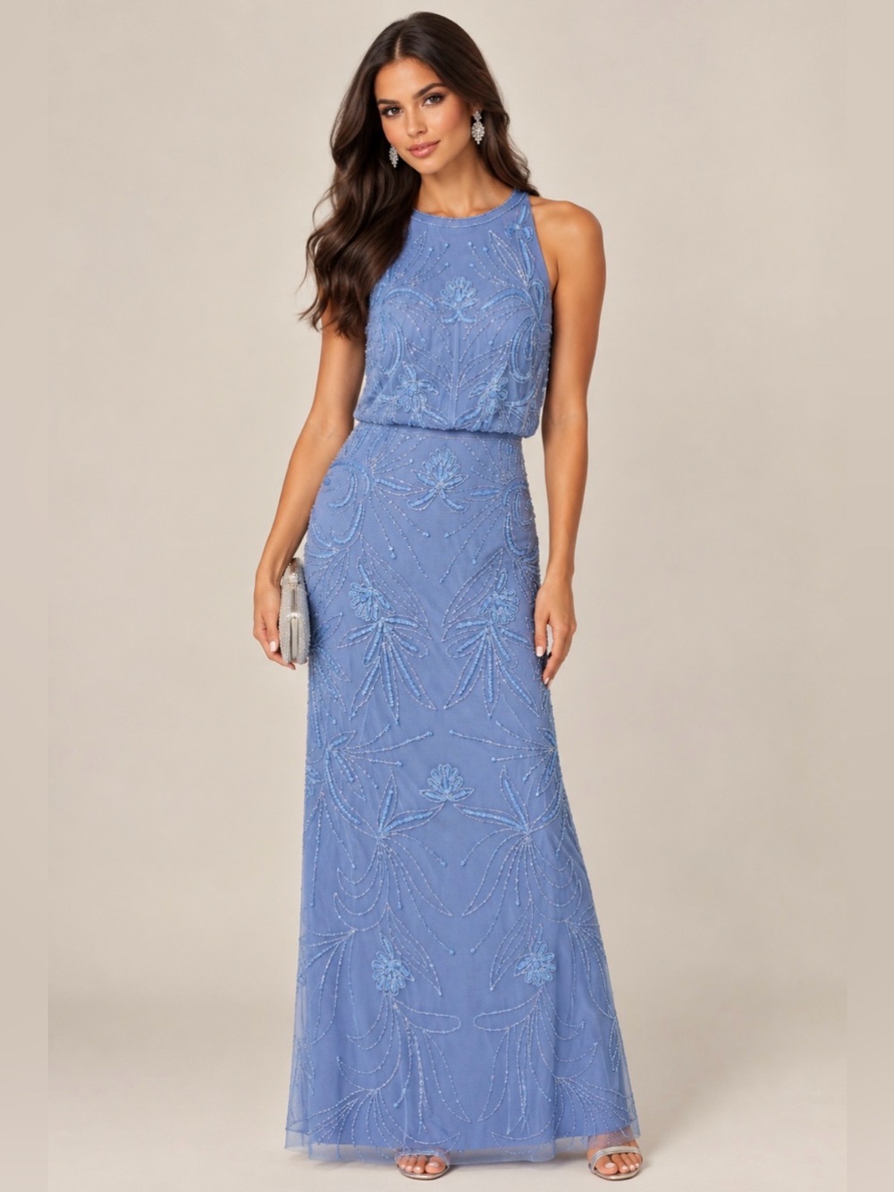 NWT Adrianna Papell French Blue Embellished Sequin Floral Gown Size 2P $229